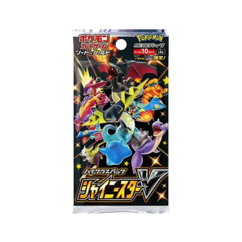 Shiny Star V Booster Box pack featuring various Pokémon and colorful graphics.