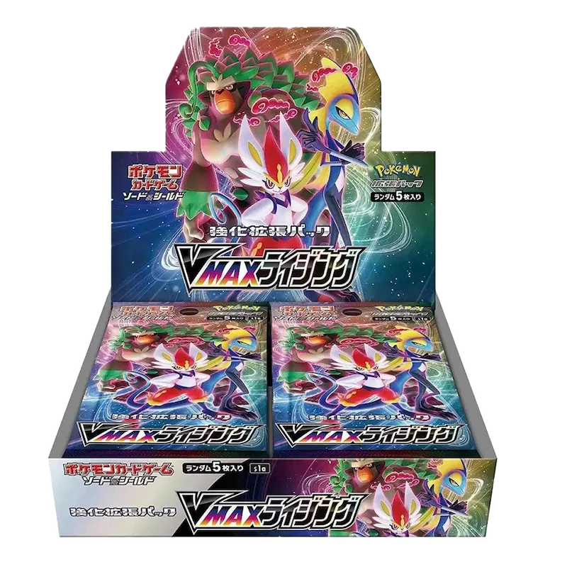 Vmax Rising Booster Box displayed with artwork showcasing Pokémon and booster packs in a vibrant packaging design.