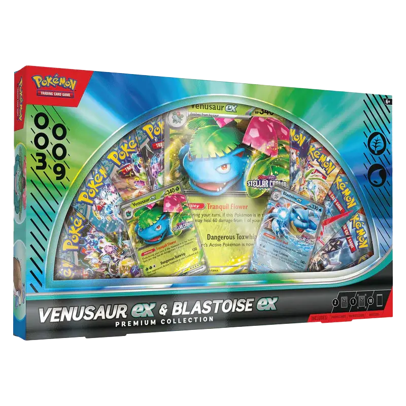 Collection premium ex de Tortank et Florizarre, comprenant des boosters du JCC Pokémon et des illustrations de la série Écarlate et Violet.