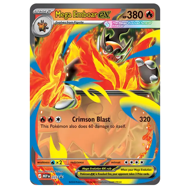 Mega Emboar ex Collection Box featuring the Mega Emboar ex card displaying its powerful attacks and vibrant artwork.