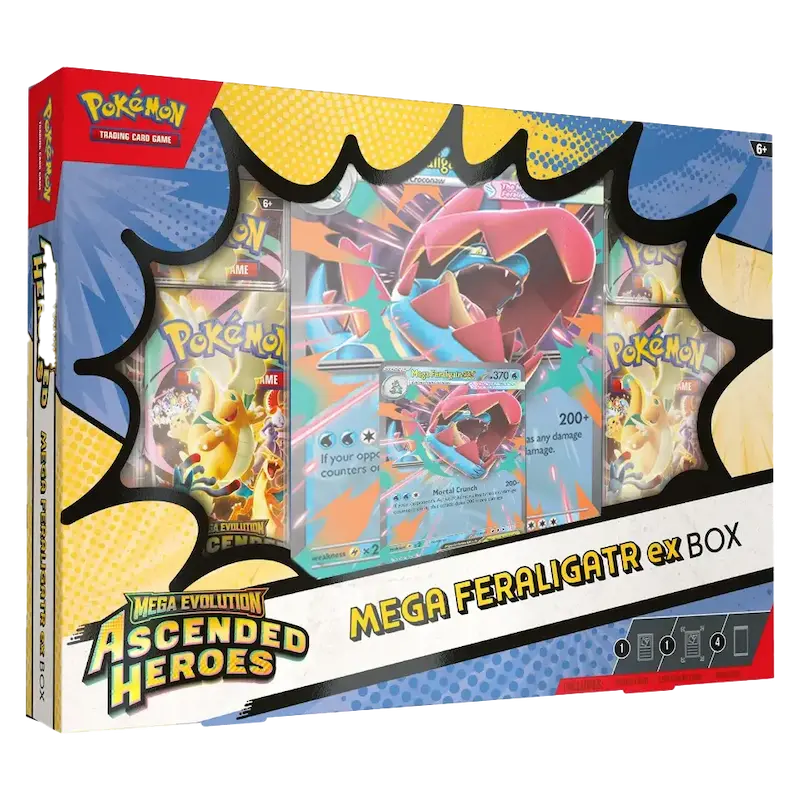 Mega Feraligatr ex Collection Box featuring booster packs and a promo card from the Ascended Heroes set.