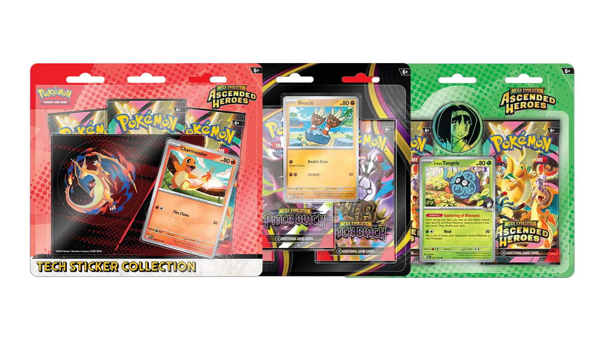 Pokemon Tech Sticker Kollektion mit Charizard und verschiedenen Karten aus dem Set Ascended Heroes.