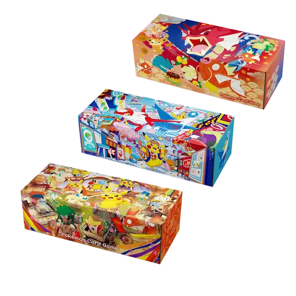 3-Pack Pokémon Center Box featuring themed artwork from Hiroshima, Fukuoka, and Tohoku Pokémon Centers.