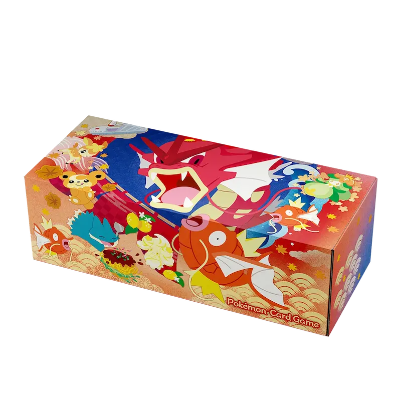 3-Pack Pokémon Center Box featuring vibrant artwork of Gyarados and Pikachu for Pokémon fans.