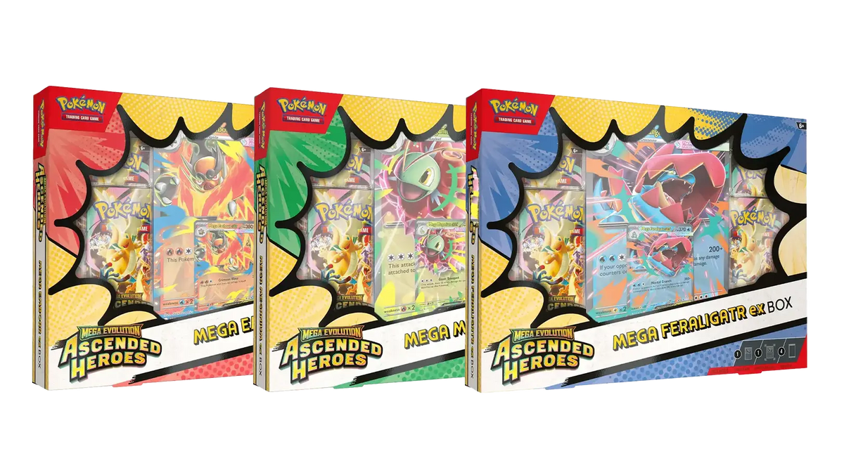 Pokémon Ascended Heroes Mega Ferali-Gator Box set featuring three colorful booster packs.