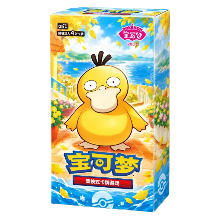 Pokemon-themed card game box featuring Psyduck, vibrant colors and playful design with autumn scenery.