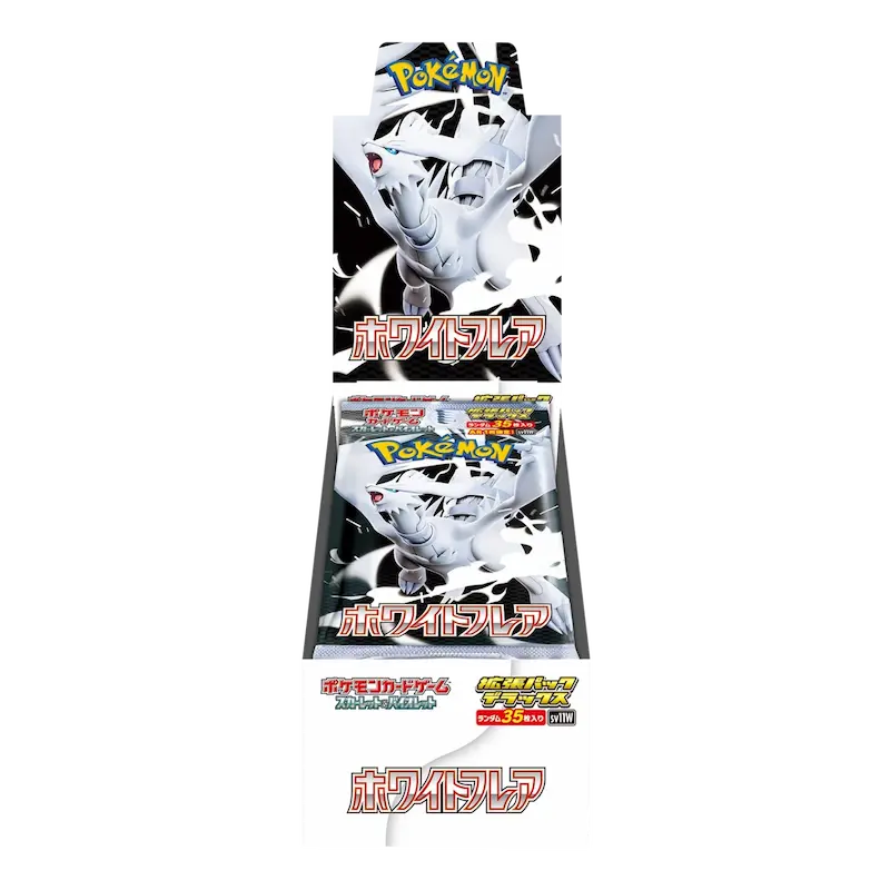 Japanese Pokémon White Flare Deluxe Booster Box display featuring packs from the Scarlet & Violet SV11W set.