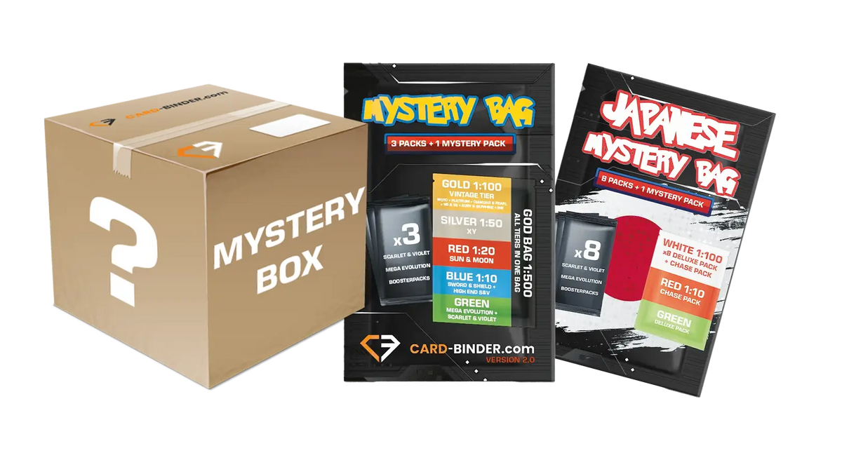 alt
Mystery-Box und Mystery-Bags mit verschiedenen Kartenpacks von cirdbinder.com, ideal für Sammler.