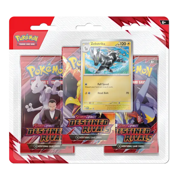 Pokémon Destined Rivals 3-Pack Blister featuring Zebstrika card and booster packs from Scarlet & Violet SV10 set.