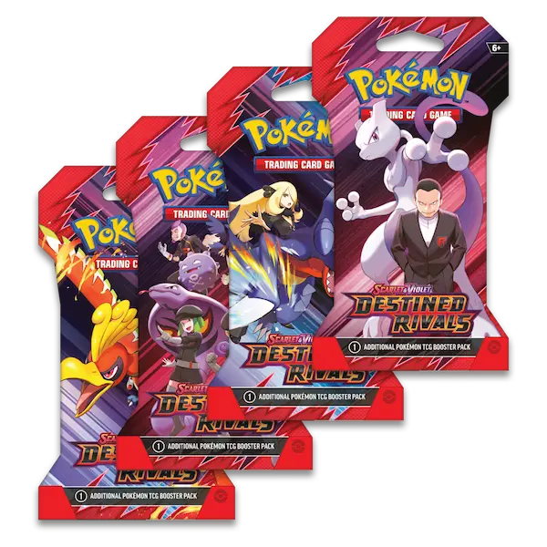 Four Pokémon Destined Rivals Sleeved Booster packs featuring iconic characters from the Scarlet & Violet SV10 set.