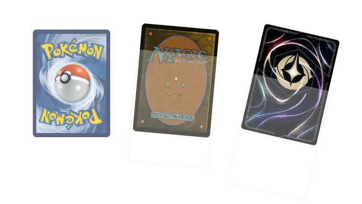 Three collectible trading cards: Pokémon, Magic: The Gathering, and a generic card design.