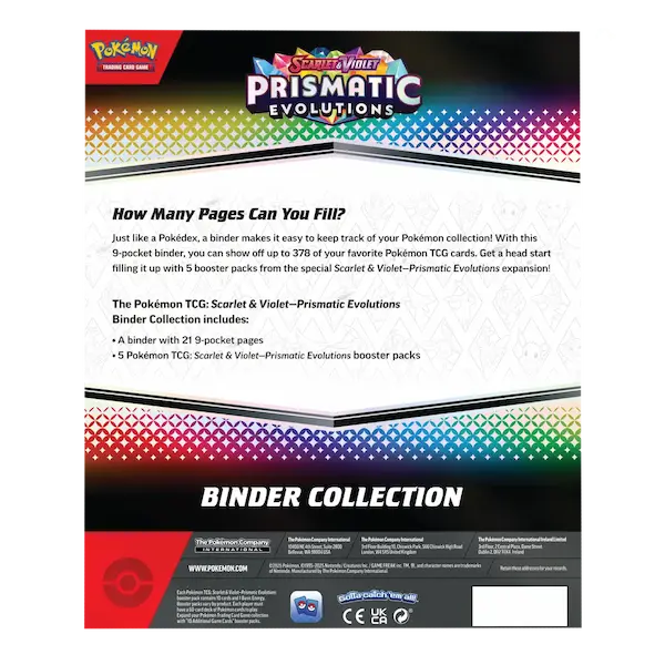 Collection de classeurs Prismatic Evolutions avec 21 pages à 21 pochettes pour cartes Pokémon TCG et 5 boosters.