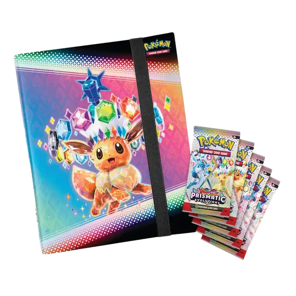 Collection de classeurs Prismatic Evolutions avec cartes Pokémon et paquets de boosters au design Eevee