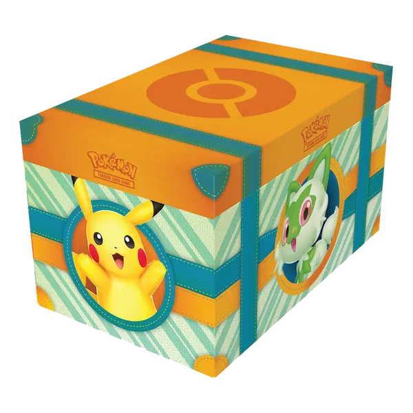 Pokémon Paldea Abenteuer-Truhe mit Pikachu- und Felori-Design, perfekt für Trainer und Sammler.