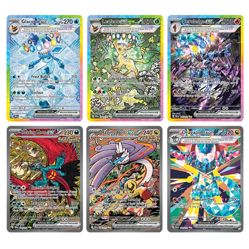 Prismatic Evolutions Binder Collection featuring Glaceon, Luxrion, Garudijage, Raiding Moon, Dragapult TCG cards.