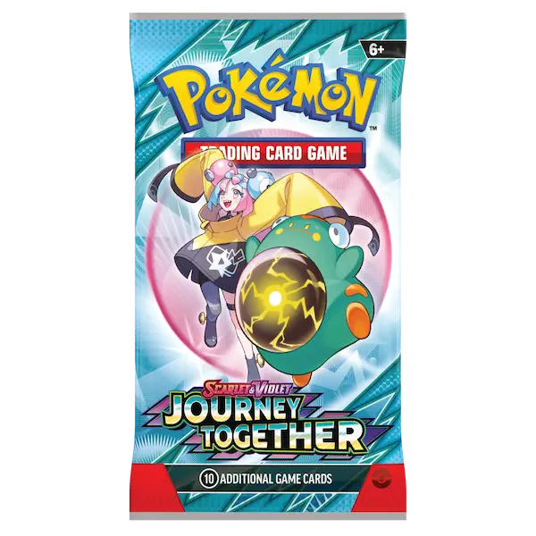 Pokémon Scarlet & Violet SV09 Journey Together booster pack featuring trainer and Pokémon characters.