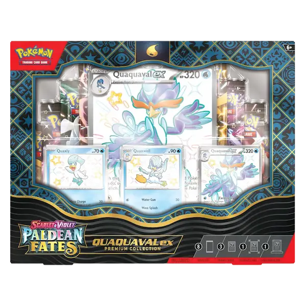 Quaquaval EX Premium Collection met glimmende Pokémon Quaxly en Tinkaton uit Pokémon TCG Scarlet & Violet Paldean Fates.