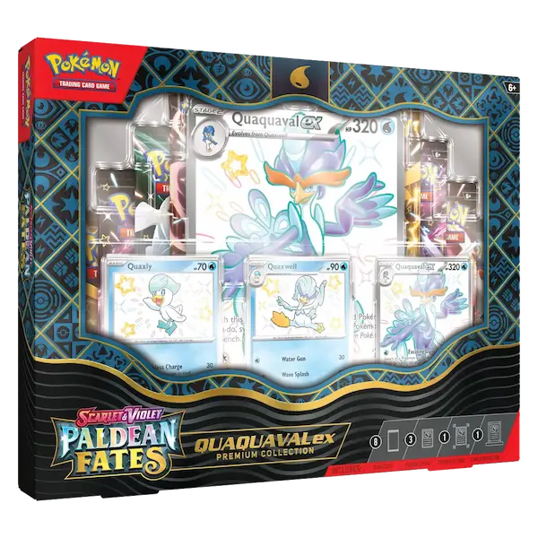 Quaquaval EX Premium Collection van Pokémon TCG met glimmende Pokémon en Paldean Fates kaarten.