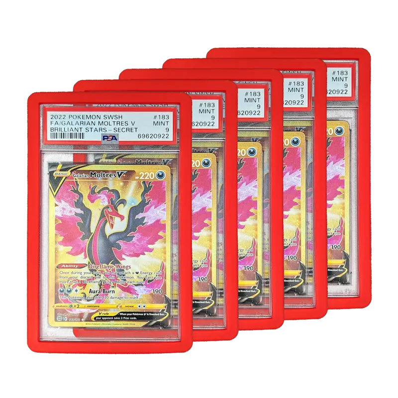 PSA Slab Bumper - Rood met Pokémon-kaarten in levendige rode beschermende units.