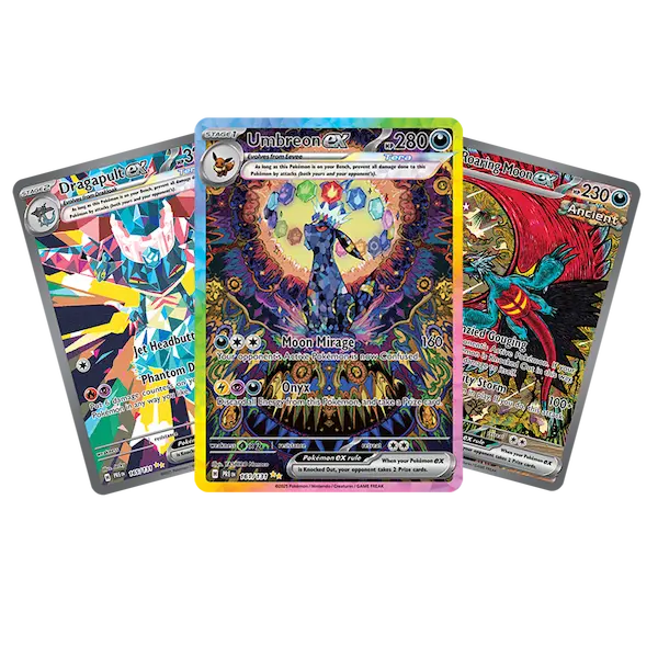 Collection of Pokémon cards featuring Umbreon VMAX, Dragapult V, and Corviknight V, showcasing unique designs and stats.