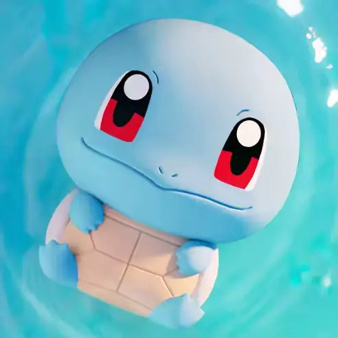 Boîte surprise de mini-figurines Pokémon mettant en scène un adorable Carapuce flottant dans l'eau.