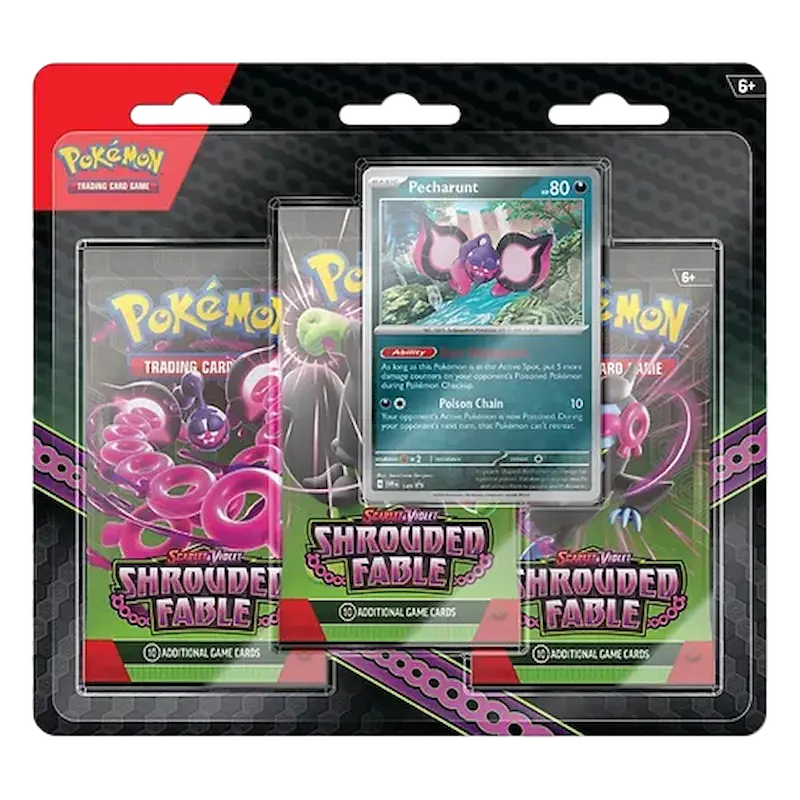 Blister 3 paquets Pokémon Fable voilée avec carte promo Pecharunt et 3 boosters, collection SV06.5.