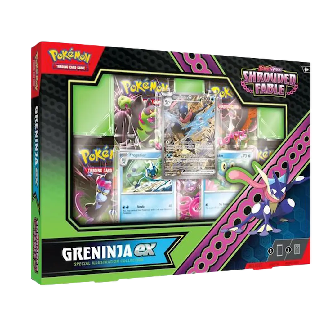 Collection spéciale d'illustrations Pokémon Fable voilée Greninja EX avec paquets de boosters et cartes promotionnelles.
