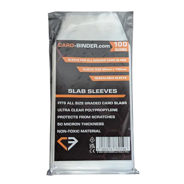 PSA Slab Sleeves pack from cirdbinder.com showcasing 100 ultra clear polypropylene sleeves for graded card slabs.