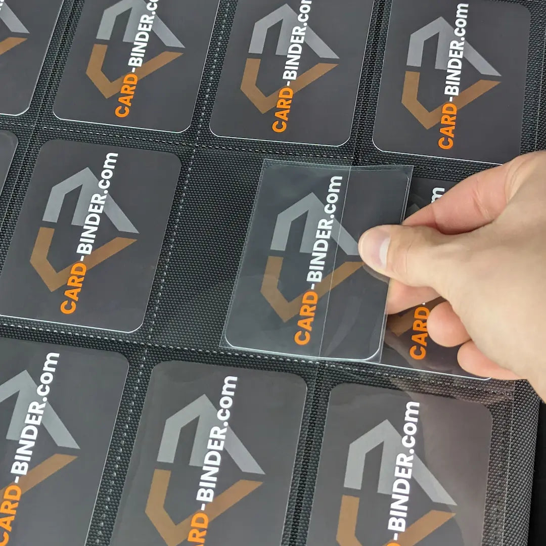 Hand inserting trading card into a 9-Pocket Binder + Sleeves, 12-Pocket binder + Sleeves, 16 Pocket DEX Card Binder, 9 Pocket Card Binder for organization and protection.