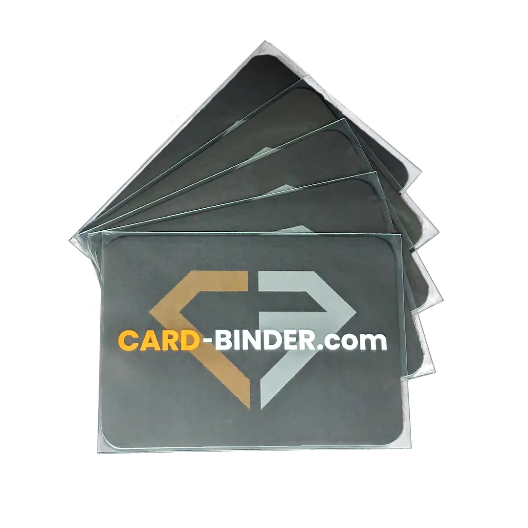 Standard Fit Soft Card sleeves stacked with cirdbinder.com logo, perfect for protecting trading cards.