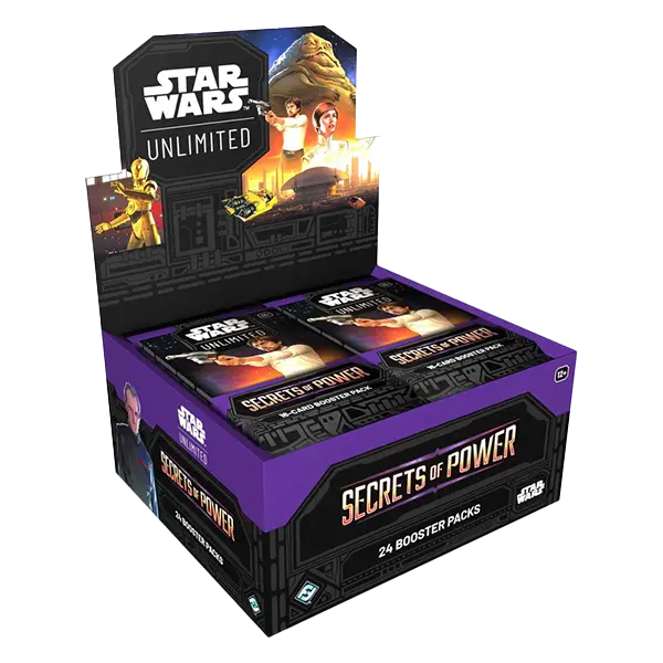 Secrets of Power Booster Box mit 24 Booster-Packs, die Charaktere aus der Star Wars-Galaxie zeigen.