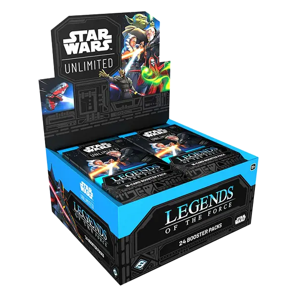Legends of the Force Booster Box showcasing 24 booster packs featuring characters from the Star Wars galaxy.