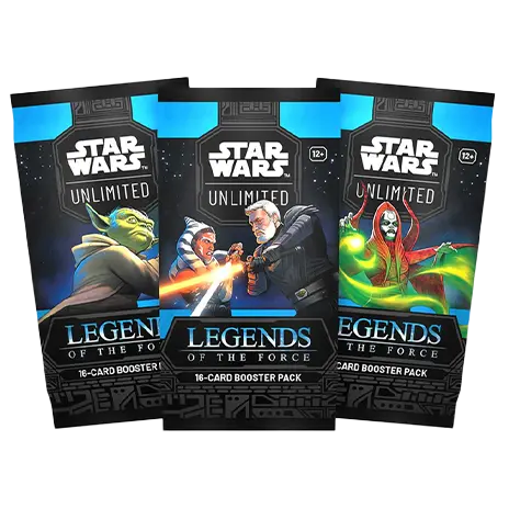 Star Wars Unlimited Legends of the Force Booster Pack featuring 16-card packs with iconic characters.