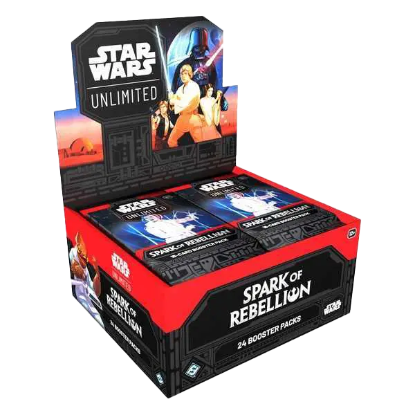 Spark of Rebellion Booster Box mit 24 Booster-Packs für Star Wars Unlimited.