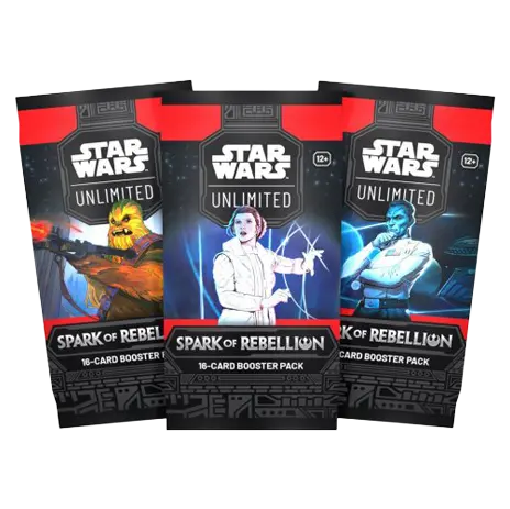 Boîte d'extension L'Étincelle de la Rébellion avec des paquets de 16 cartes de Star Wars Unlimited.