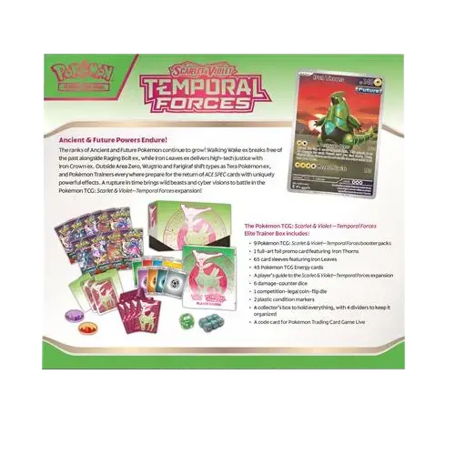 Pokémon SV05 Temporal Forces Elite Trainer Box mit Promokarten von Walking Wake und Flutter Mane, Boostern und Spielzubehör.