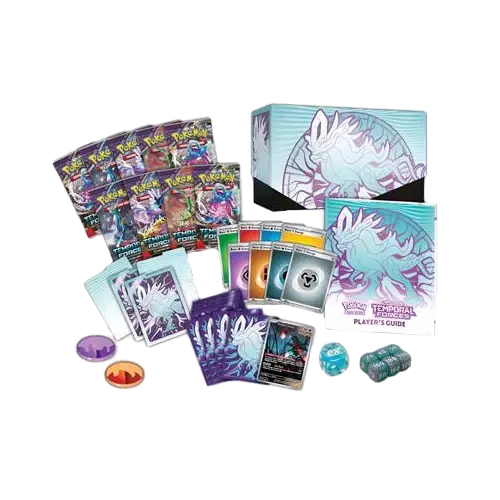 Pokémon SV05 Temporal Forces Elite Trainer Box with boosters, cards, dice, and player's guide.