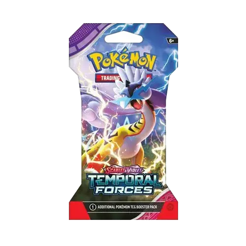 Pokémon SV05 Temporal Forces Sleeved Booster pack featuring Ancient and Future Pokémon with vibrant artwork.