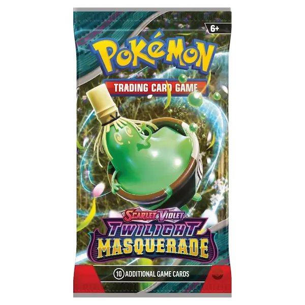 Pokémon SV06 Twilight Masquerade Booster Pack mit einer stilvollen Kartenpackung mit 10 zusätzlichen Spielkarten.