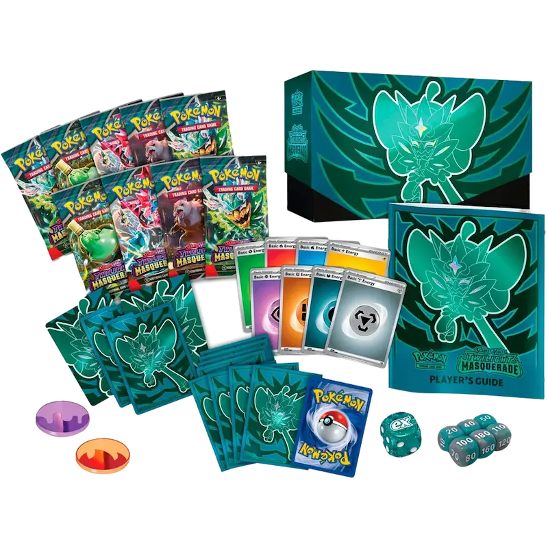 Pokémon Twilight Masquerade Elite Trainer Box mit Boosterpacks, Spielerleitfaden und Zubehör für TCG-Enthusiasten.