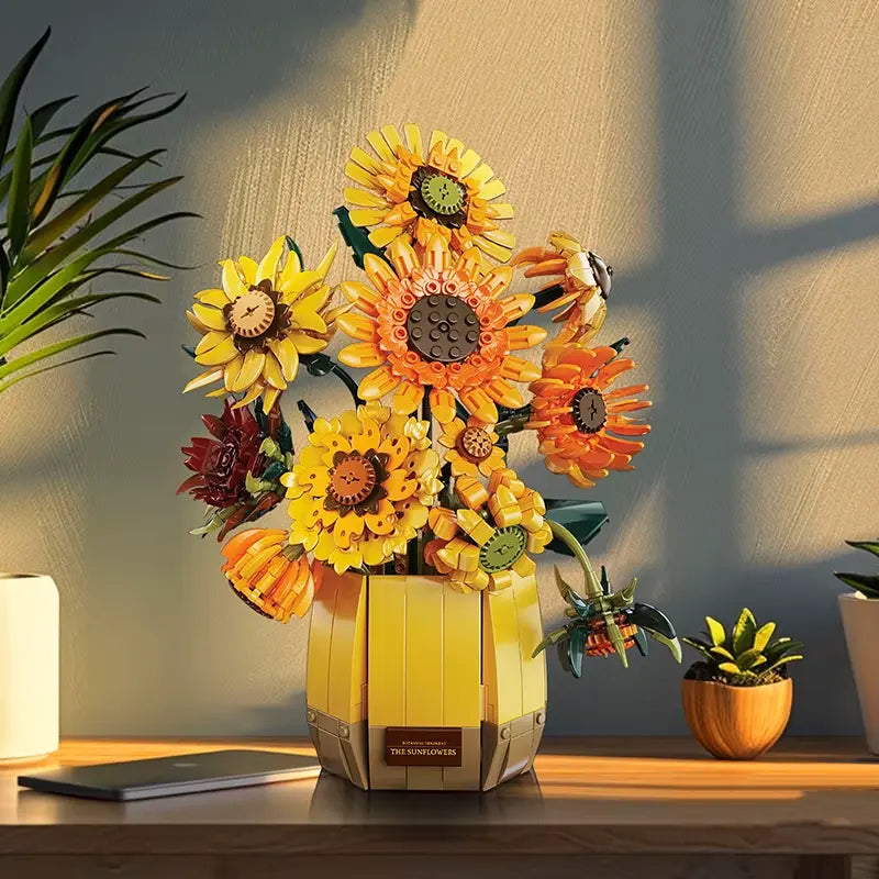 Van Gogh Zonnebloemen bouwstenenset tentoongesteld in een interieur met levendige gele bloemen.