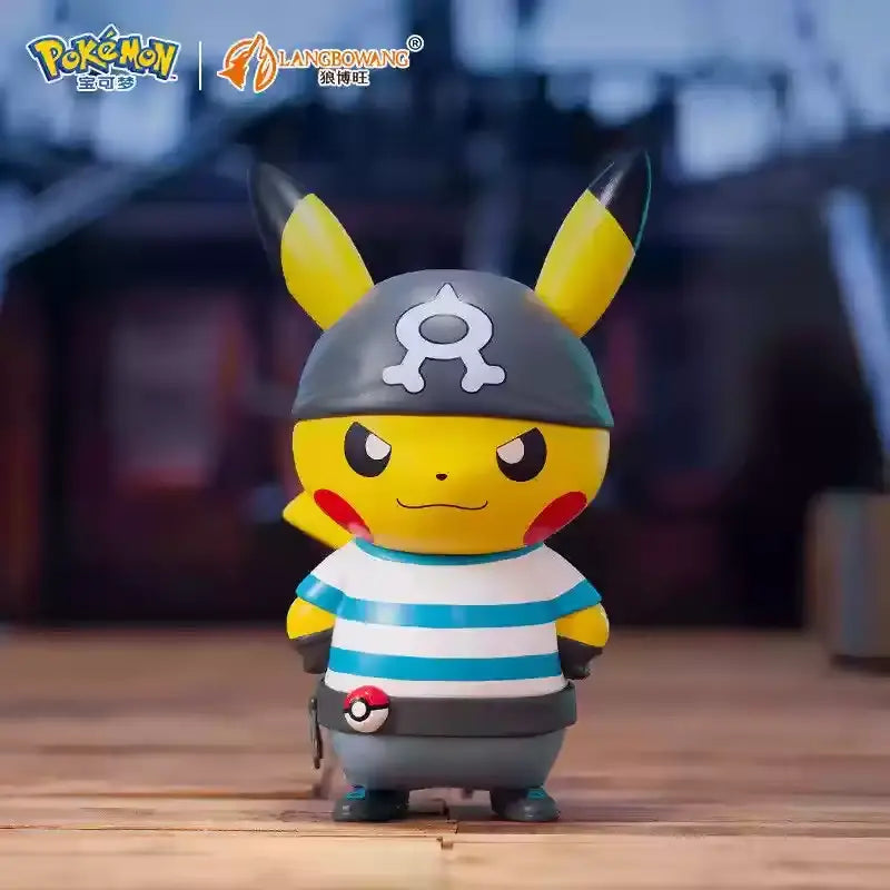 Team Aqua Pikachu figure in villain costume with pirate hat and striped shirt, perfect for Pokémon collectors.
