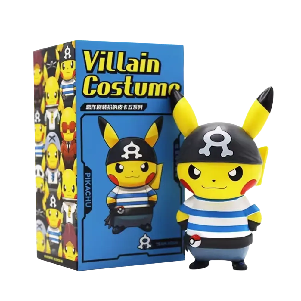 Team Aqua Pikachu figure in villain costume with box featuring other Pikachu designs.