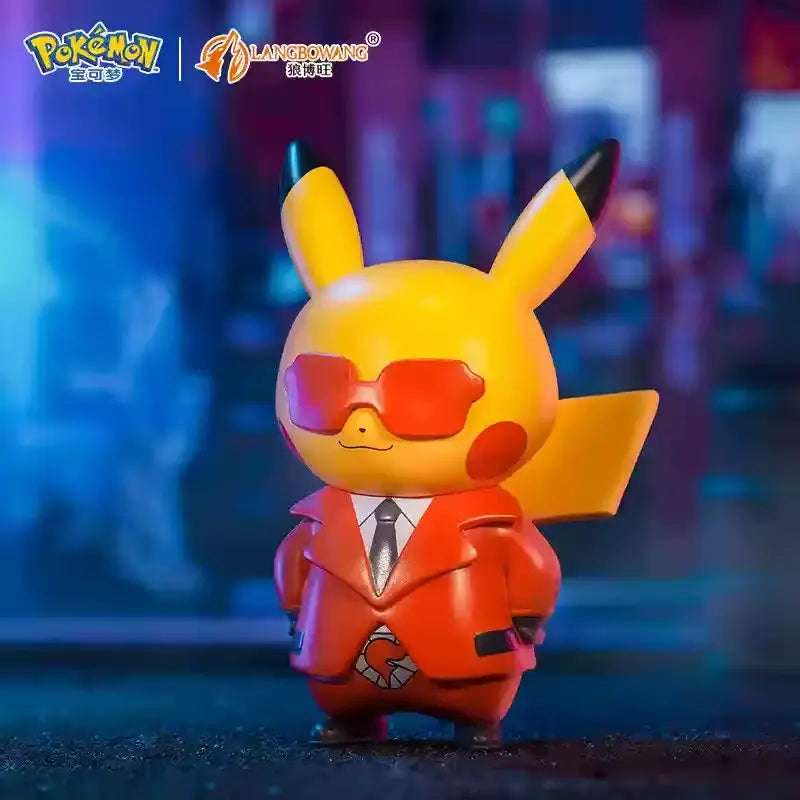 Team Flare Pikachu Figure in villain costume with sunglasses and suit, blending charm with dark themes.