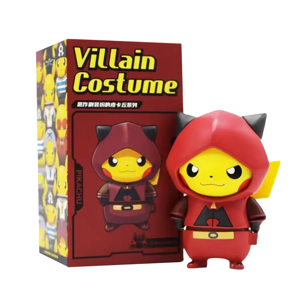 Team Magma Pikachu figure in villain costume box, showcasing Pikachu as a regional evil team character.
