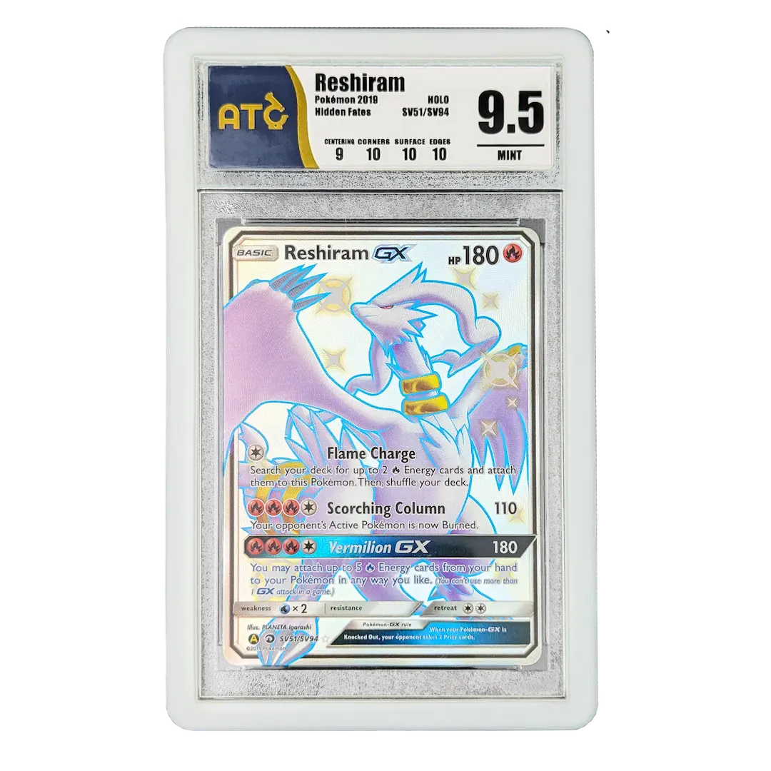 PSA Slab Bumper - White protecting a PSA graded Reshiram Pokémon card in a clear casing.