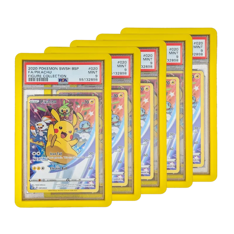 PSA Slab Bumper - Yellow with multiple Pokémon cards showcasing their vibrant designs and graded PSA display.