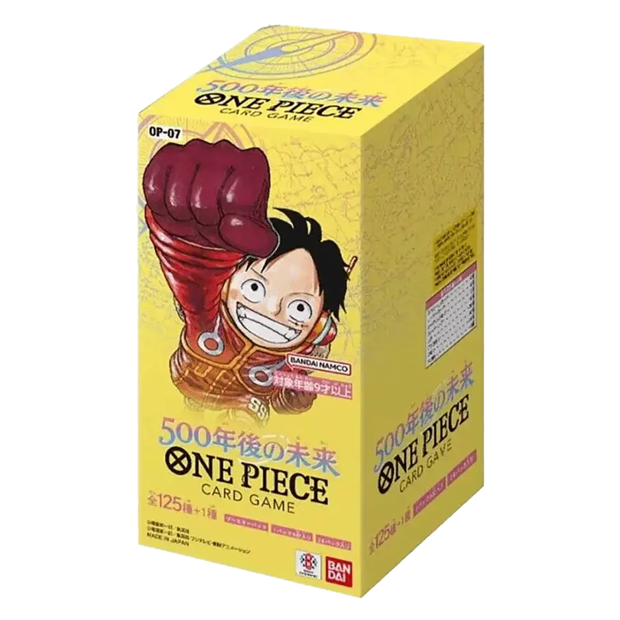 One Piece OP07: 500 Years in the Future Japanese Booster Box featuring Luffy and booster pack details.