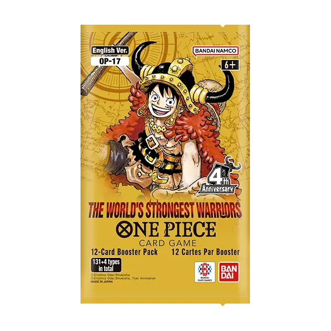 Booster pack for The World's Strongest Warriors Booster Box from the One Piece Card Game, featuring iconic characters.