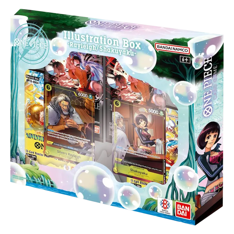 One Piece Illustration Box vol. 7 (Live) featuring Silvers Rayleigh and Shakuyaku cards in a collectible packaging.